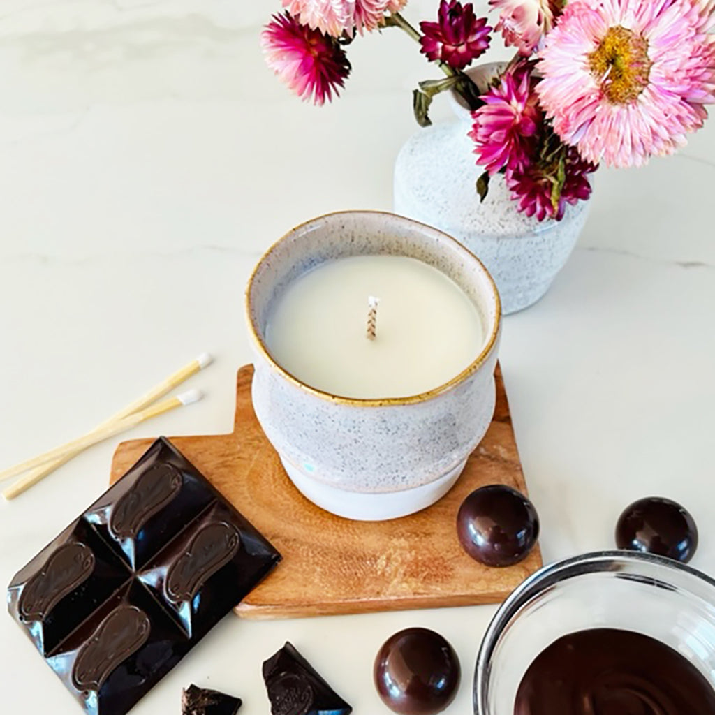 hand poured candle with natural soy wax, essential oils, clean burning wicks and dark chocolate truffle fragrance